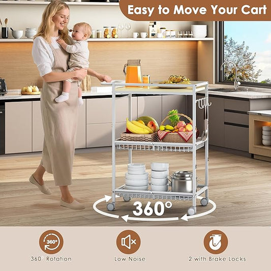 Microwave Kitchen Cart with 2 Lockable Wheels, White Kitchen Storage Cart with Push Handle, 3 Tier Rolling Cart with 210Lbs Capacity for Kitchen Island, Restaurant, Coffee Bar, Living Room, Office