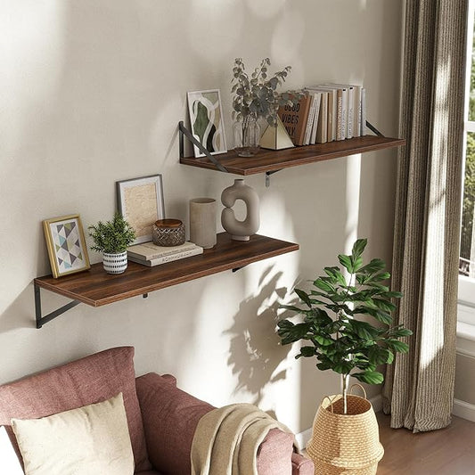 Deep Floating Shelves Wall Mounted, 36"x12" Walnut Wall Shelves with Brackets Set of 2 for Bedroom, Living Room, Bathroom, Kitchen, Office - Storage & Display Shelf for Decor, Books, Plants