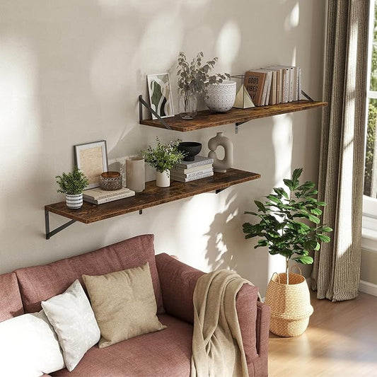 Deep Floating Shelves Wall Mounted, 48"x12" Brown Wood Shelves with Brackets Set of 2 for Bedroom, Living Room, Bathroom, Kitchen, Office - Storage & Display Shelf for Decor, Books, Plants