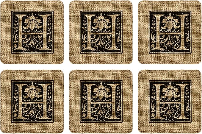 Smile Art Design Family Monogram Custom Coaster Set of 6 with Base Holder Square Burlap Material Family Name Personalized Prints Personalized Gifts House Warming Wedding Gift Rustic Decor Style7