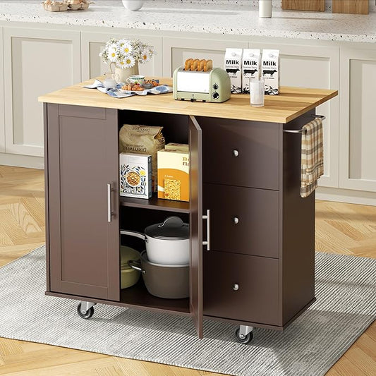 Shintenchi Kitchen Island with Folding Drop Leaf, Rolling Island Table with Storage, Kitchen Cabinet on Wheels with Seating Area for Kitchen, Bar Cart with Cabinet, Brown
