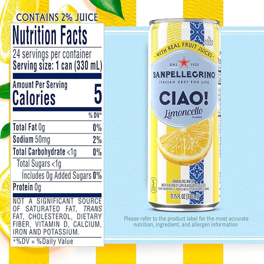 Sanpellegrino Ciao Limoncello Flavored Sparkling Water, Italian Sparkling Water, 24Pk