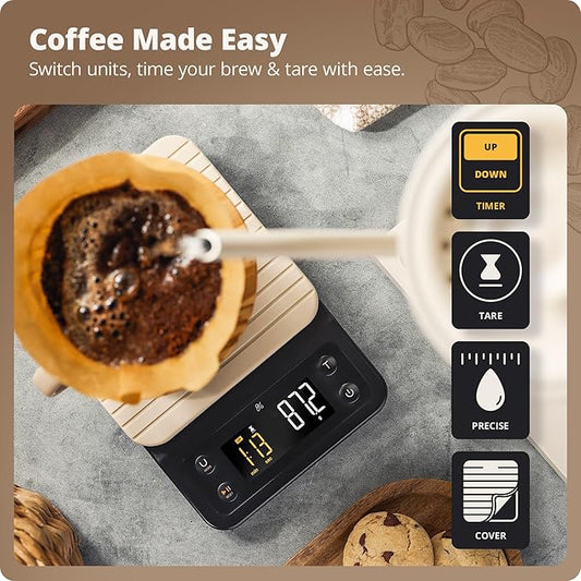 Greater Goods Coffee Scale with Timer – 0.1g Precision Digital Coffee & Espresso Scale for Pour-Over, Coffee Bean Weighing, Barista Brewing, Waterproof Cover, 3kg Capacity (Birch White)