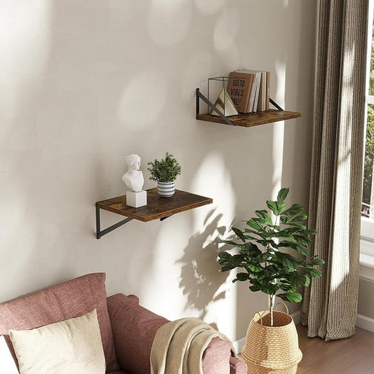 Deep Floating Shelves Wall Mounted, 16"x12" Brown Wood Shelves with Brackets Set of 2 for Bedroom, Living Room, Bathroom, Kitchen, Office - Storage & Display Shelf for Decor, Books, Plants