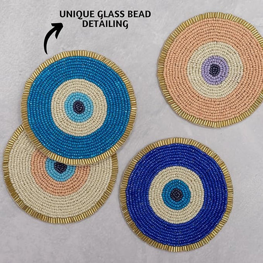 Folkulture Hand-Crafted Evil Eye Beaded Coasters Set of 4 | Handmade Round Drink Coasters for Coffee Table & Bar | Boho Modern Home Décor | Housewarming Gifts, Valentine Gifts
