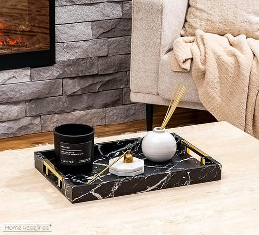 Modern Elegant 17.5"x12" Rectangle Black Marble Faux Leather Decorative Tray Ottoman Coffee Table Perfume Living Room Kitchen Serving Tray with Gold Polished Handles for All Occasion's