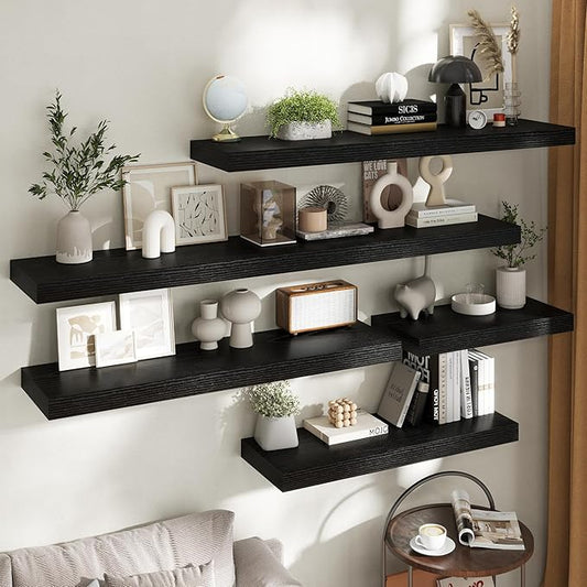 Marsmiles 12" Deep Floating Shelves for Wall with Invisible Brackets, Wall Mounted Engineered Wood Shelves with Wood Grain for Living Room, Bedroom, Kitchen Decor and Storage, 72" L Set of 1, Black