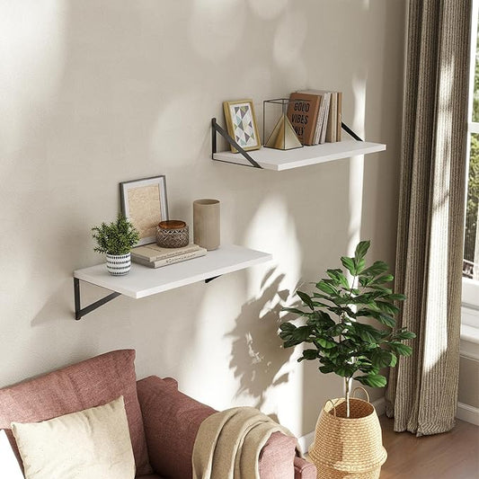 Deep Floating Shelves Wall Mounted, 24"x12" White Wall Shelves with Brackets Set of 2 for Bedroom, Living Room, Bathroom, Kitchen, Office - Storage & Display Shelf for Decor, Books, Plants