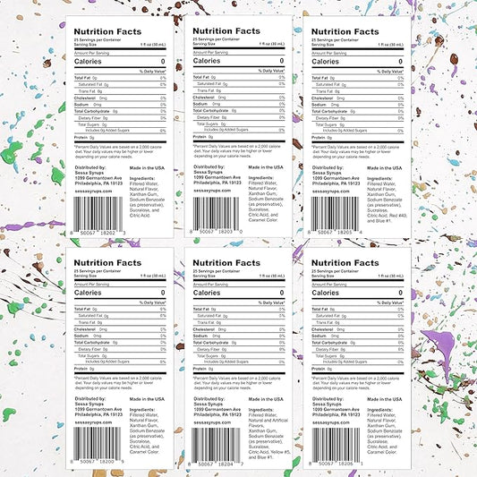Sessa Syrups Sugar Free Sampler Pack: Simple Syrup, Hazelnut, Lavender, Vanilla, Pistachio, Salted Caramel (25.4 Fl Oz, 6 Pack)