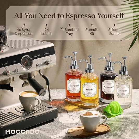 Glass Coffee Syrup Dispenser for Coffee Bar - Set of 4 Silver 16.9 oz / 500 ml Glass Syrup Bottles, Includes 2 Bamboo Trays, 16 Stencils, Labels, Coffee Bar Accessories