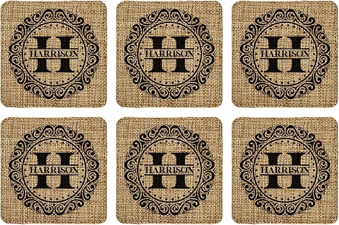 Smile Art Design Family Monogram Custom Coaster Set of 6 with Base Square Burlap Material Family Name Personalized Prints Personalized Gift House Warming Wedding Gift Coffee Table Rustic Decor Style5