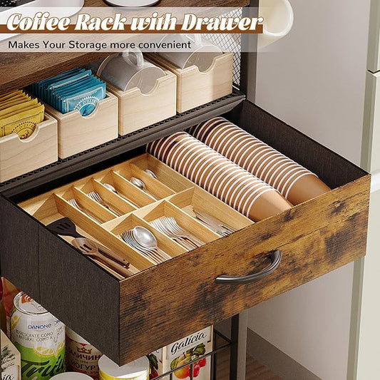 Small Coffee Bar Cart with Drawer Srorage, Office Coffee Bar Station Organizer Mug Cup Holder Stand, K Cup Holder Rack for Home Buffets & Sideboards for Kichen, Entryway, Living Room (Black)