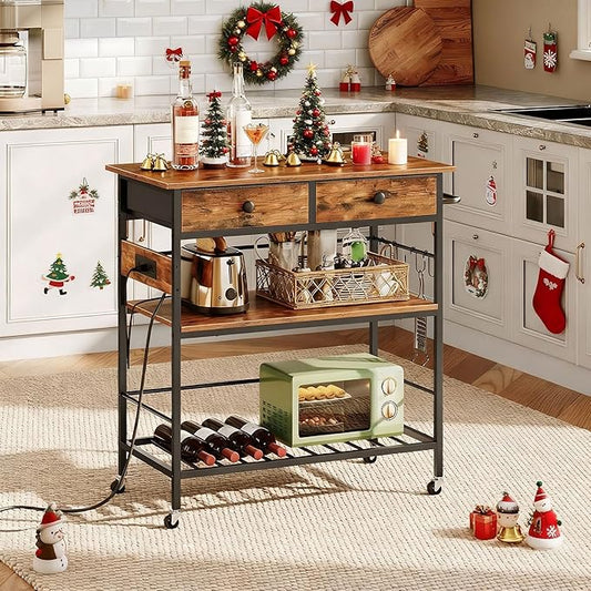 HOOBRO Kitchen Island with Storage, Rolling Island Cart for Kitchen with 2 Drawers & Outlet, 3 Tier Coffee Station and Microwave Stand, Kitchen Island Table for Home, Rustic Brown BF08UZD01