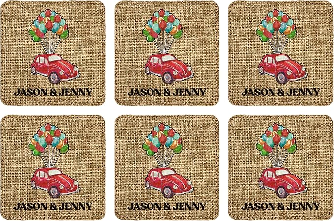 Smile Art Design Family Couple Names Custom Drink Coaster Set of 6 with Base Square Burlap Material Car Design Personalized Prints Personalized Gifts House Warming Rustic Decor Style9