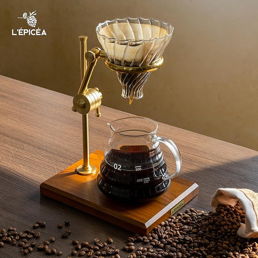 L'ÉPICÉA Pour Over Coffee Maker Set, Pour Over Coffee Maker with Stand, Adjustable Stainless Steel Stand, Wooden Base, Paper Filters, Cone Glass Coffee Carafe, Pour Over Coffee Dripper