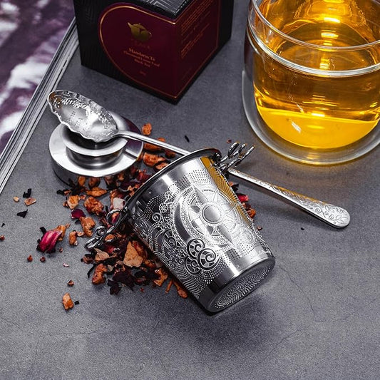 Stainless Steel Tea Infuser Basket - Engraved Floral Strainer with Crystal Chain, Fine Mesh Filter for Loose Leaf Tea, Ergonomic Handle & Gift Box