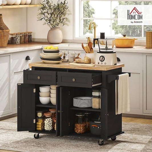 HOMCOM Kitchen Island Cart with Rubber Wood Top, Rolling Kitchen Island Table on Wheels with Drawers, Adjustable Shelves, Spice Rack and Towel Rack for Dining Room, Black