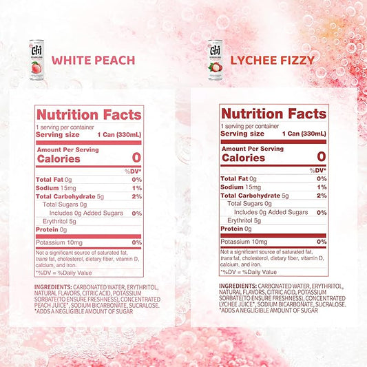 CHI FOREST Sparkling Water Beverage, Lychee & White Peach, 2 Flavors, Zero Sugar, 11.16 fl oz Cans (Pack of 24)