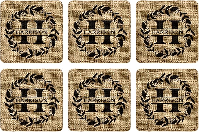 Smile Art Design Family Monogram PERSONALIZED COASTER Set of 6 with base Square Burlap Material Family Name Personalized Print Personalized Gifts House warming Wedding Gift Rustic Kitchen Decor Style3