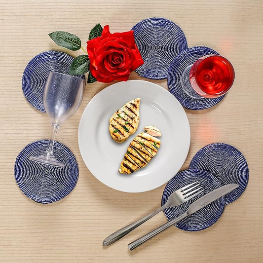 Handmade Beaded Wire Coaster Set of 6-4 Inch Round Coasters, Elegant Beautiful Stylish Decorative Drink Coaster Perfect for Home, Office, Christmas, & Everyday Use - Royal Blue