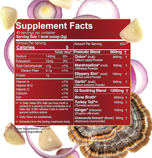 One Farm Superfood Powder Gut Health, Organic Gut Soothing Blend and Prebiotic Blend, Non-GMO, Prebiotics with Bone Broth, Turkey Tail Mushroom, Slippery Elm, and Marshmallow Root for GI Health
