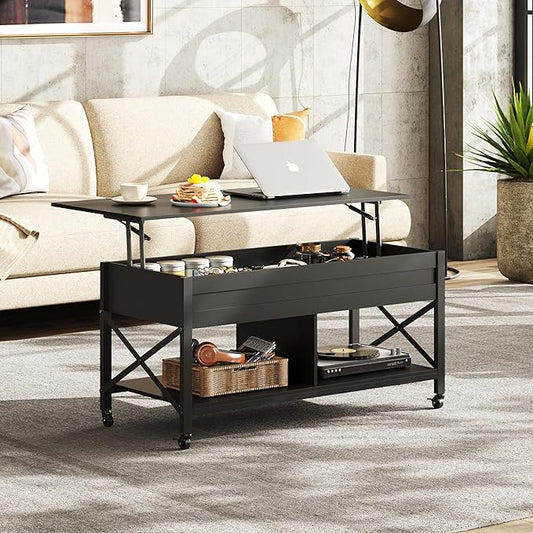 WLIVE Coffee Table, 41.3" Lift Top Coffee Table with 4 Wheels, Hidden Compartment, Storage Shelf and Lift Tabletop for Living Room, Reception Room, Black