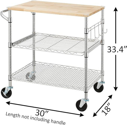 Finnhomy 3-Tier Rolling Kitchen Cart With 18" D x 30" W Oak Wood Tabletop, Kitchen Island With 4" Wheels and Slider Shelf, Microwave & Coffee Cart With Hooks for Dining Room, Chrome