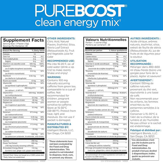 Pureboost Clean Energy Booster, Refreshing Energy Drink Mix with B12 Vitamins, Electrolytes, Antioxidants, Sugar-Free with No Sucralose (Combo Pack, 30 Count)