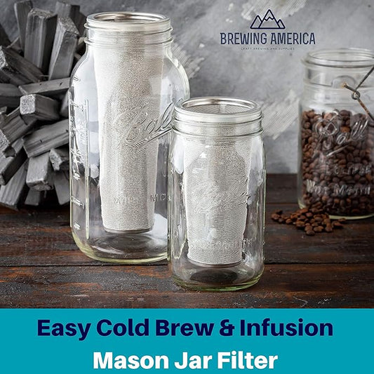 Brewing America Cold Brew Filter for Mason Jar Wide Mouth Coffee Maker, UPGRADED Stainless Steel Mesh with 2 Silicone Seals (1 Quart 32 Ounces)