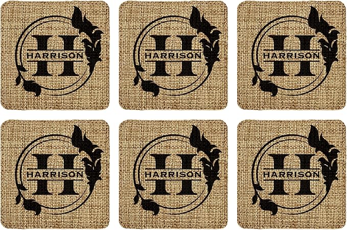 Smile Art Design Family Custom Monogram Coaster Set of 6 with Base Square Burlap Material Family Name and Date Personalized Prints Personalized Gifts House Warming Wedding Gift Rustic Decor Style1