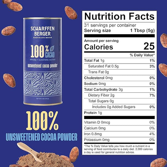 Scharffen Berger 100% Cacao Unsweetened Dark Chocolate Cocoa Powder (6 Ounce, Pack of 6) - Gluten Free, Non GMO, Natural Chocolate Powder