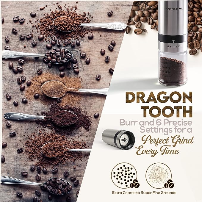 Vivaant Coffee Grinder Manual Capacity 32g - Stainless Steel Conical Burr Coffee Grinder Hand, Manual Coffee Grinder Espresso with Adjustable Settings, Portable Coffee Bean Grinder for French Press