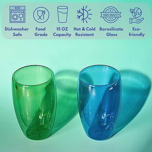 Double Wall Glass Cup 15oz Insulated Coffee Mug for Coffee Tasting Christmas Drinks Home Café Cozy Nights Holiday Gifts Set in Ocean Blue/Botanic Green
