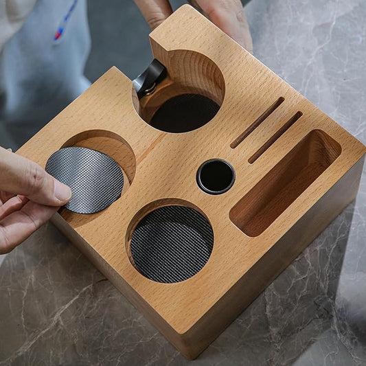 58mm Espresso Tamping Station Compact Portafilter Stand and Coffee Accessories Organizer for Espresso Machines with Tamper Holder, Distributor Slot, and Multi-Accessory Storage