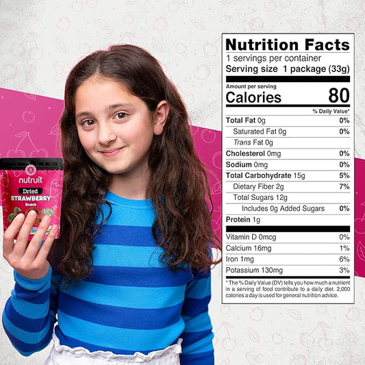 Nutruit Dried Strawberry Snack (Pack of 20) No Added Sugar, Healthy Fruit Snacks, Fresh, Vegan, Gluten Free, Non GMO, Plant Based, High Fiber, 1.1 oz Packs