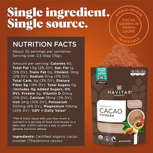 Navitas Organics Cacao Powder, Bags, 30 Servings, 1 Pound (Pack of 1), 16 Ounce