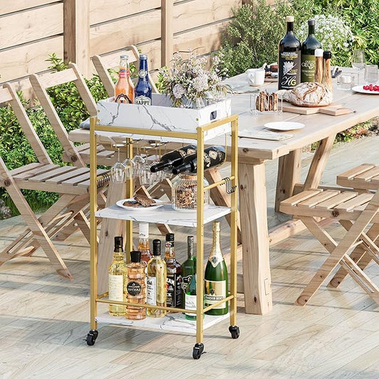 3-Tier Gold Bar Cart with Removable Tray, Small Bar Carts with Wheels, Rolling Beverage Cart, Drink Cart, Gold Wine Cart with Wine Rack for Kitchen, Living Room GBC513G