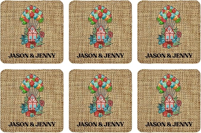 Smile Art Design Couple Names Custom Coaster Set of 6 with Base Square Burlap Material Home Design Personalized Prints Personalized Gifts House Warming Wedding Rustic Decor Style10