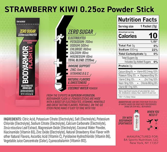 BODYARMOR Flash IV Electrolyte Packets, Strawberry Kiwi, Lemon Lime, & Tropical Punch Variety Pack - Zero Sugar Drink Mix, Single Serve Packs, Coconut Water Powder (15 Count)