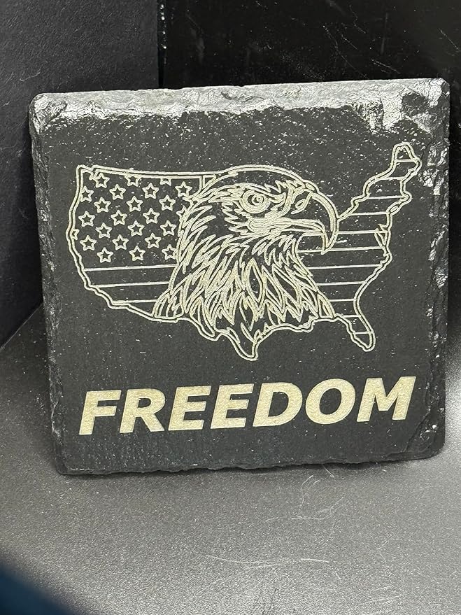 American Flag Bald Eagle Freedom Slate Coasters, Set of 4, Black Natural Stone Drink Coasters