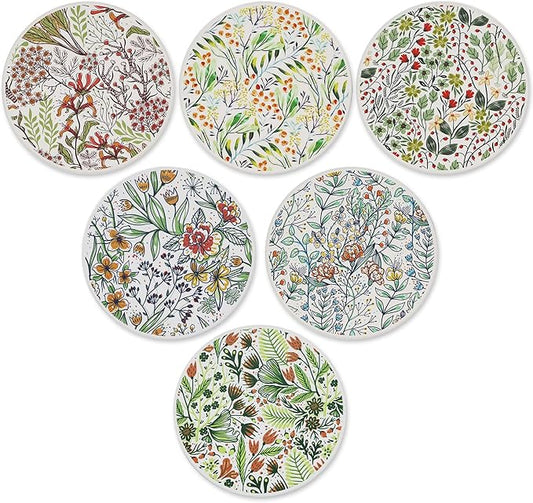 AD Set of 6 Coasters for Drinks Absorbing Round Ceramic Stone Coaster with Cork Base,Tabletop Protection Mat for Mugs and Cups,Office,Kitchen (Bontanicals with Holder)