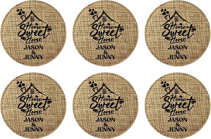 Smile Art Design Family Couple Names Custom Coaster Set of 6 with Base Round Burlap Material Family Name Home Sweet Home Print Personalized Gifts House Warming Wedding Gift Rustic Home Decor Style11