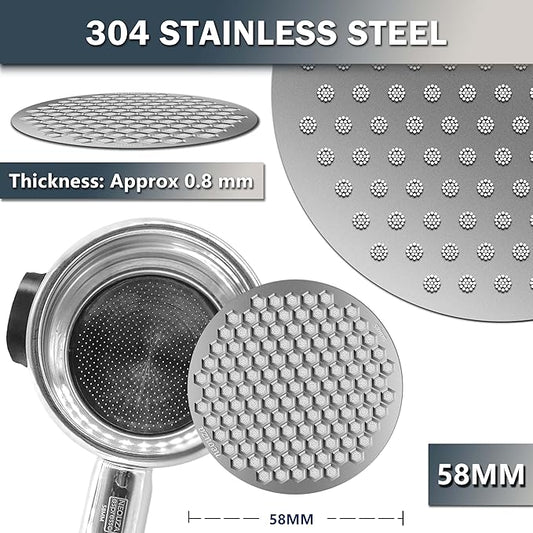 NEOUZA V4 Espresso Puck Screen 0.8mm Thickness Honeycomb Mesh Double Layer Black Protective Coating for Coffee Portafilter Basket (2, Silver, 58mm)