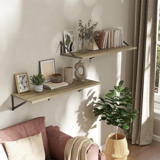 Deep Floating Shelves Wall Mounted, 36"x12" Gray Wall Shelves with Brackets Set of 2 for Bedroom, Living Room, Bathroom, Kitchen, Office - Storage & Display Shelf for Decor, Books, Plants