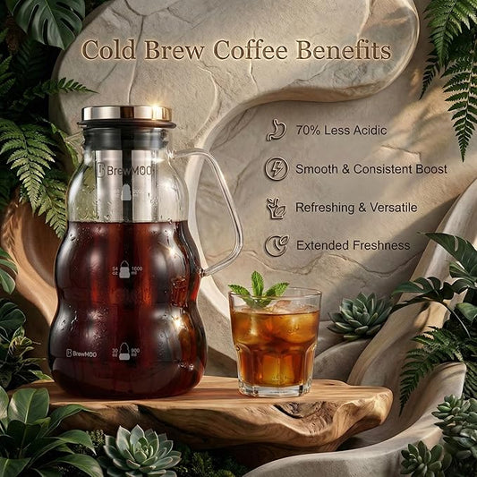 BrewMOO- Cold Brew Coffee Maker (2.0L/68Oz), Sleek Wave Borosilicate Glass Pitcher with Stainless Steel Filter, Airtight Lid + Wide Spout + Comfort Handle, Effortless Manual, Sophisticated Gift