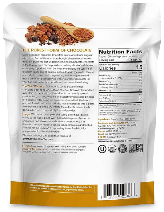 Zint Organic Cacao Powder (16 oz): Raw Non-Alkalized Chocolate With Powerful Antioxidants and Resveratrol