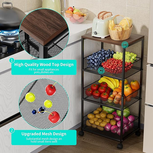 HapiRm Fruit Basket Kitchen Cart - 4-Tier Rolling Storage Cart with Wheels, Fruit Vegetable Basket with Wood Top, Pantry Utility Kitchen Organizer for Fruit Potato Onion Vegetable Bread Snack