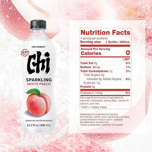 CHI FOREST Flavored Sparkling Water Beverage, White Peach, Zero Sugar, 16.2 fl oz Bottles (pack of 15)