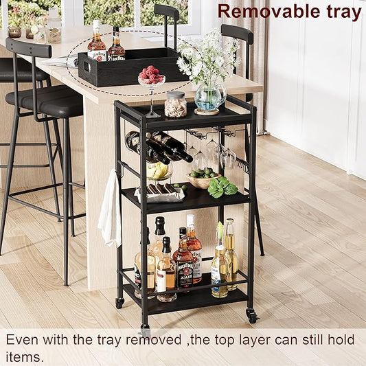 3-Tier Bar Cart with Removable Tray, Small Bar Carts with Wheels, Rolling Beverage Cart, Drink Cart, Black Wine Cart with Wine Rack for Kitchen, Living Room (Black) GBC513B