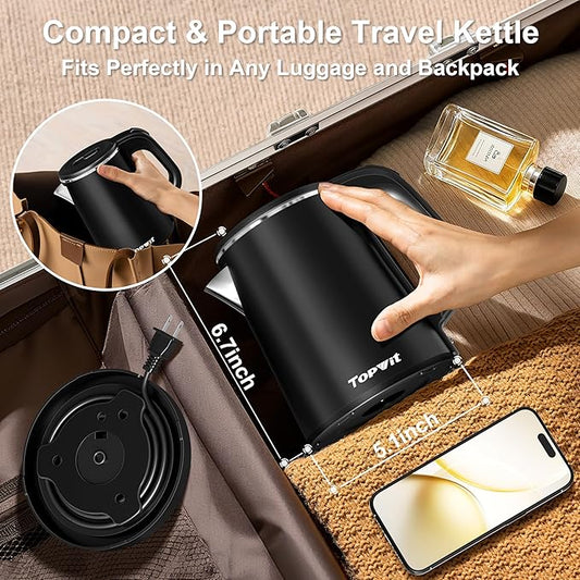 0.8L Small Electric Kettle, Portable Travel Kettle Stainless Steel - 800W Fast Boiling, Auto Shut-Off & Boil-Dry Protection, Tea Kettle for Home, Office, Business Trip, Hotel, Dorm